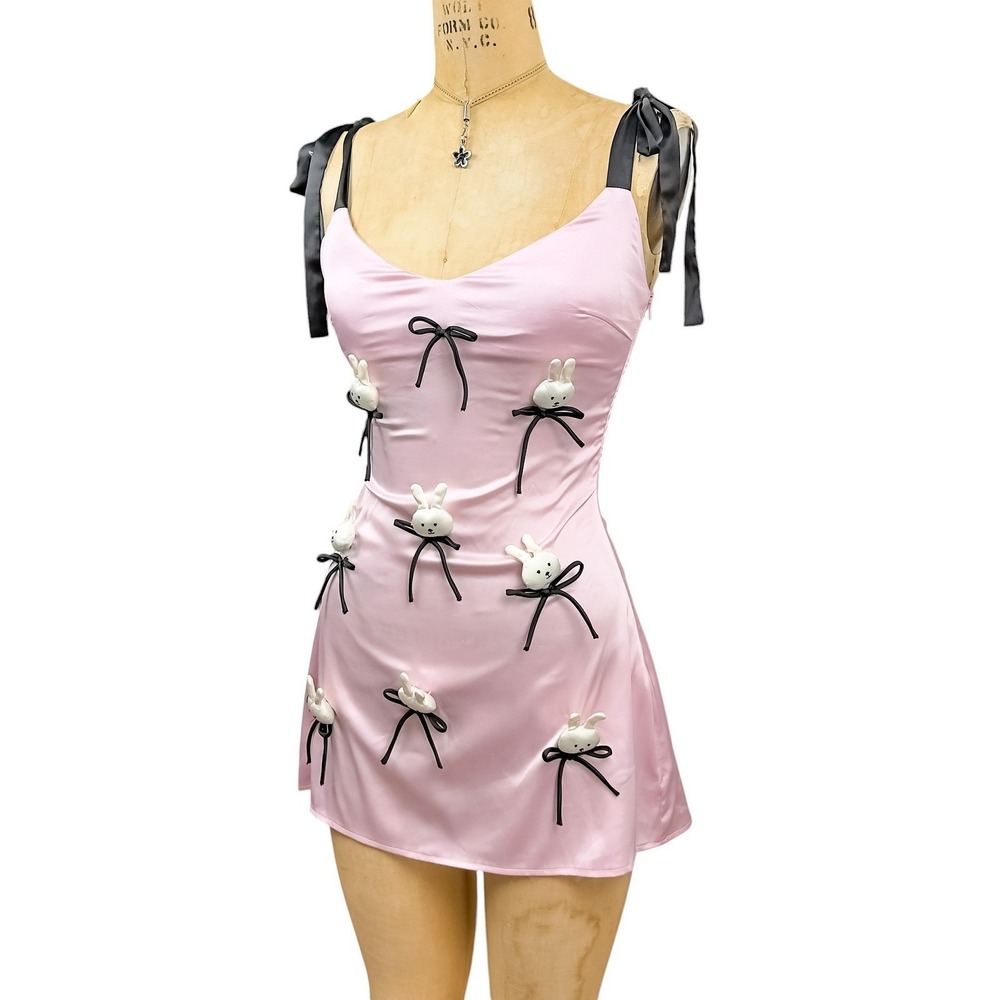 Y2K Coquette 3D Bunny Satin Mini Dress Ribbon Bow Tie Straps Whimsical Kawaii XS - Picture 4 of 9
